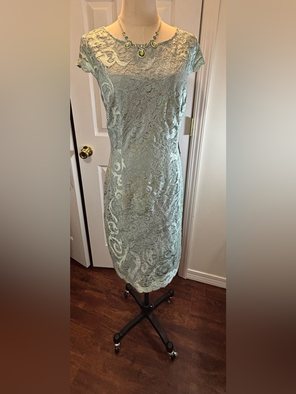 Adrianna PAPELL Womens Lace Sheath Cocktail Dress Cap Sleeves Mint Smoke Size 14